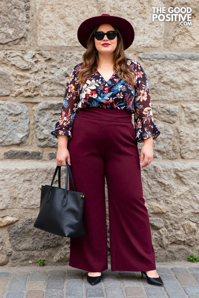 Plus Size Burgundy Wide-Leg Trousers With Printed Chiffon Blouse