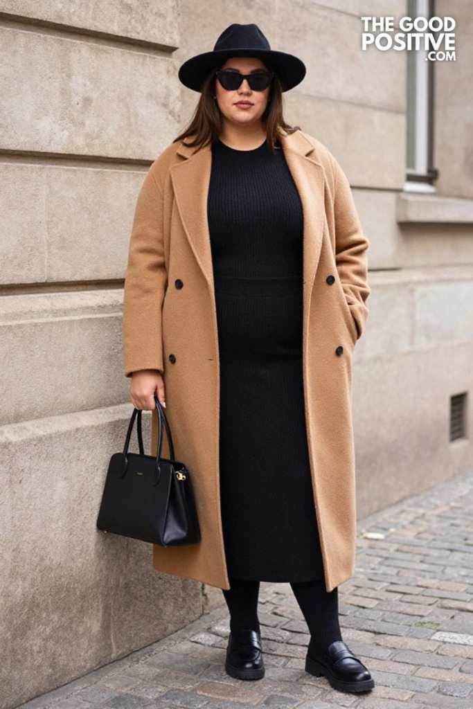 Plus Size Camel Wool-Blend Coat Over All-Black Knit Set