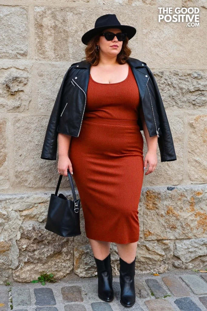 Plus Size Terracotta Knit Co-Ord Set With Moto-Style Jacket