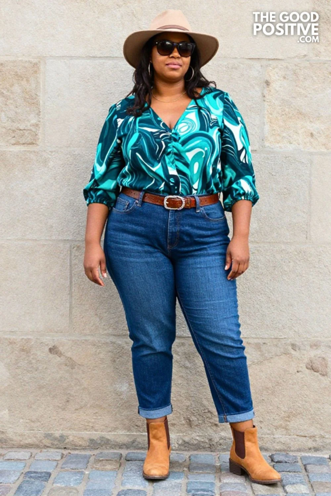 Plus Size Deep Teal Printed Wrap Blouse With Camel Barrel-Leg Jeans