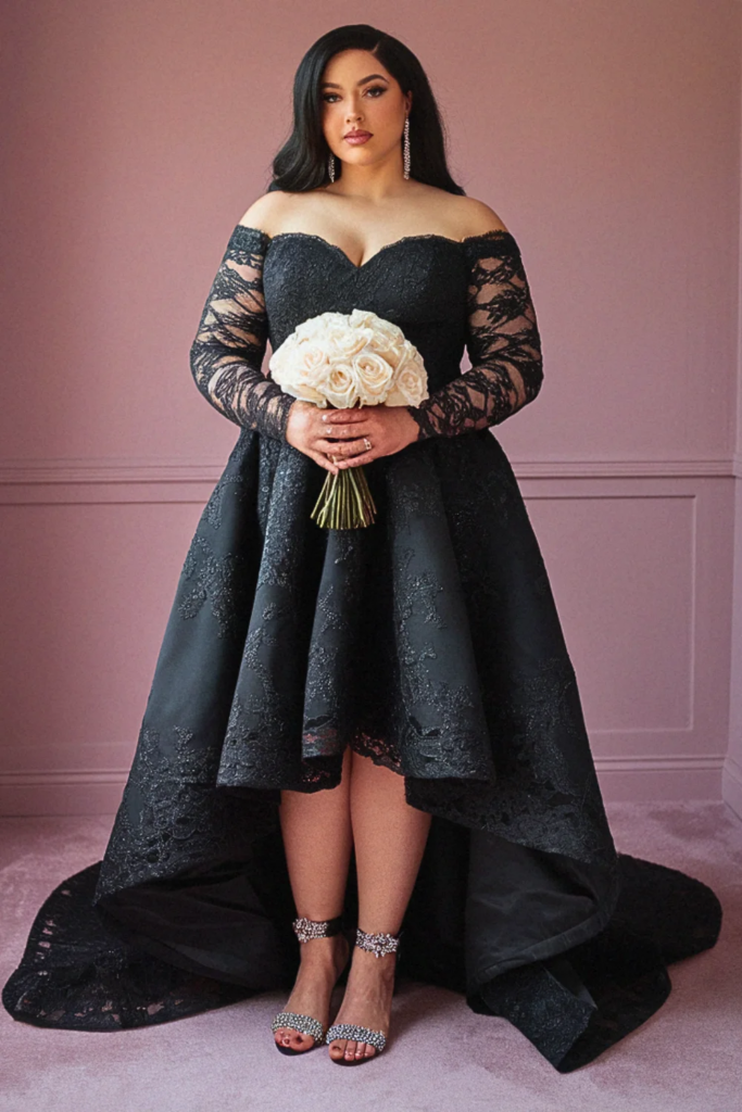 Off-Shoulder Lace Overlay Black Wedding Dress