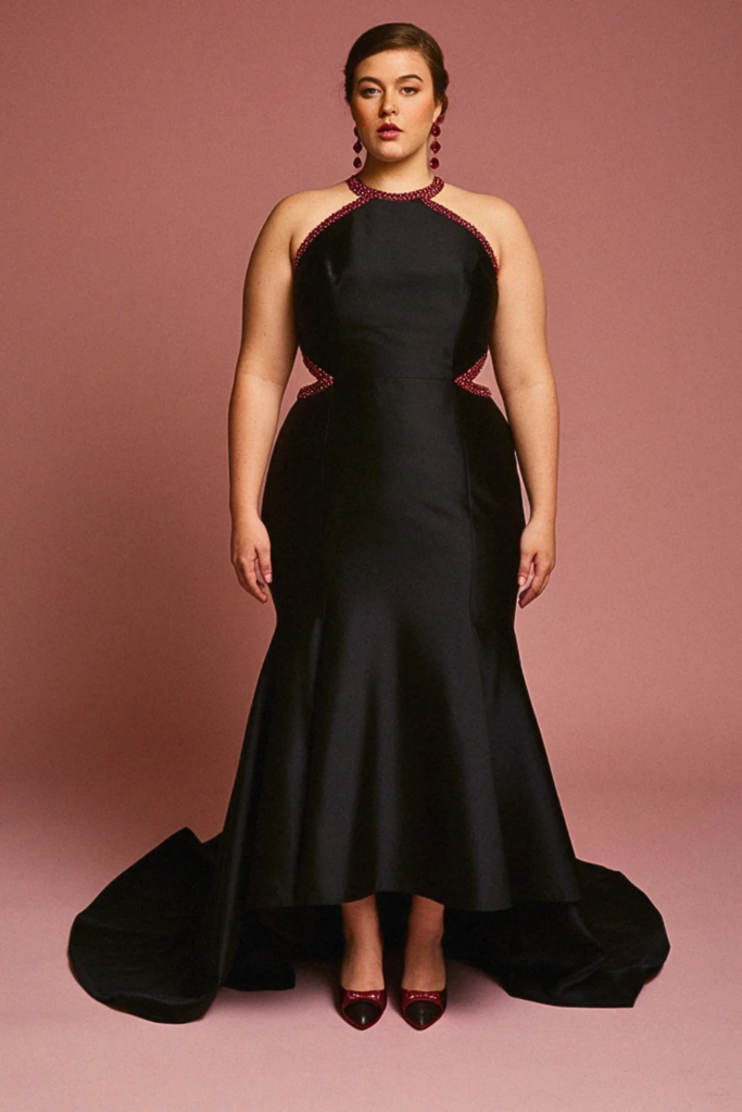 Ruby-Accented Halter Neck Black Wedding Dress