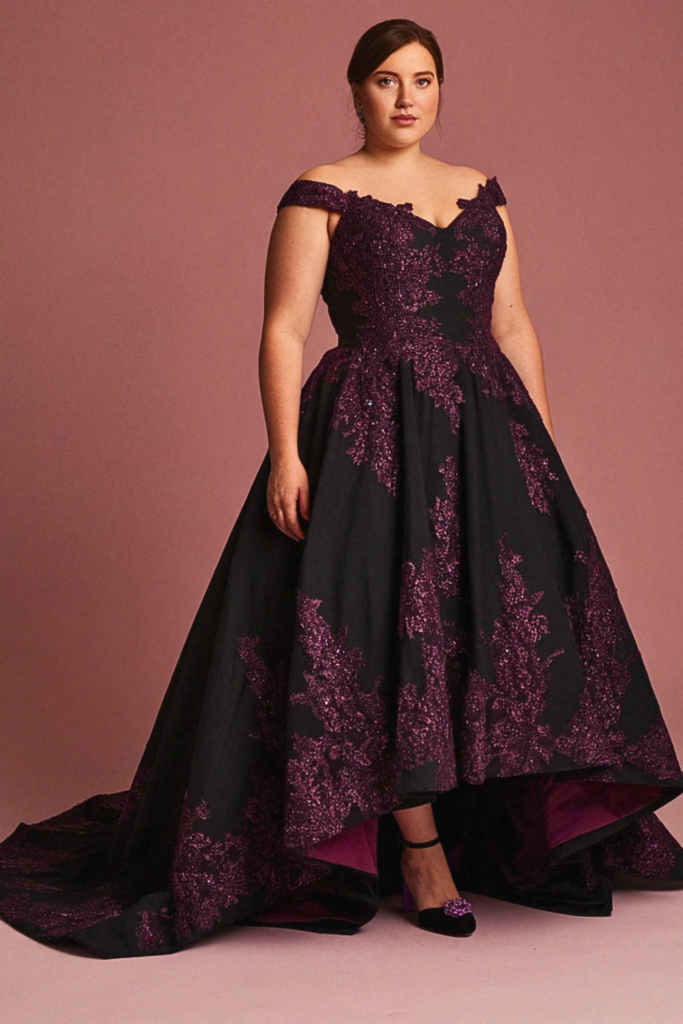 Plum-Trimmed Princess Seam Black Wedding Dress