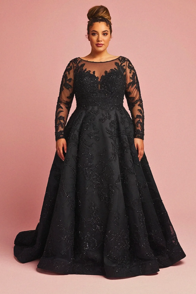 Full-Sleeve Illusion Neckline Black Wedding Dress