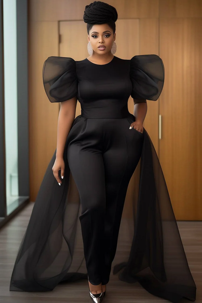 Puff-Sleeve Jumpsuit Black Wedding Dress