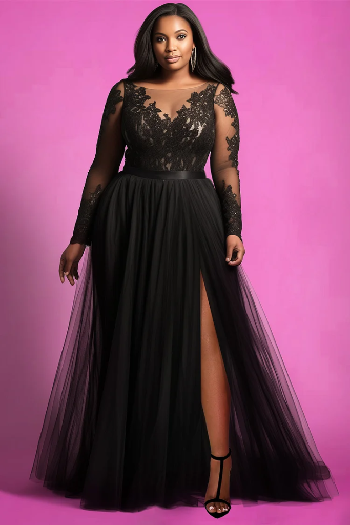 Illusion Neckline Lace-Appliqué Tulle Dress