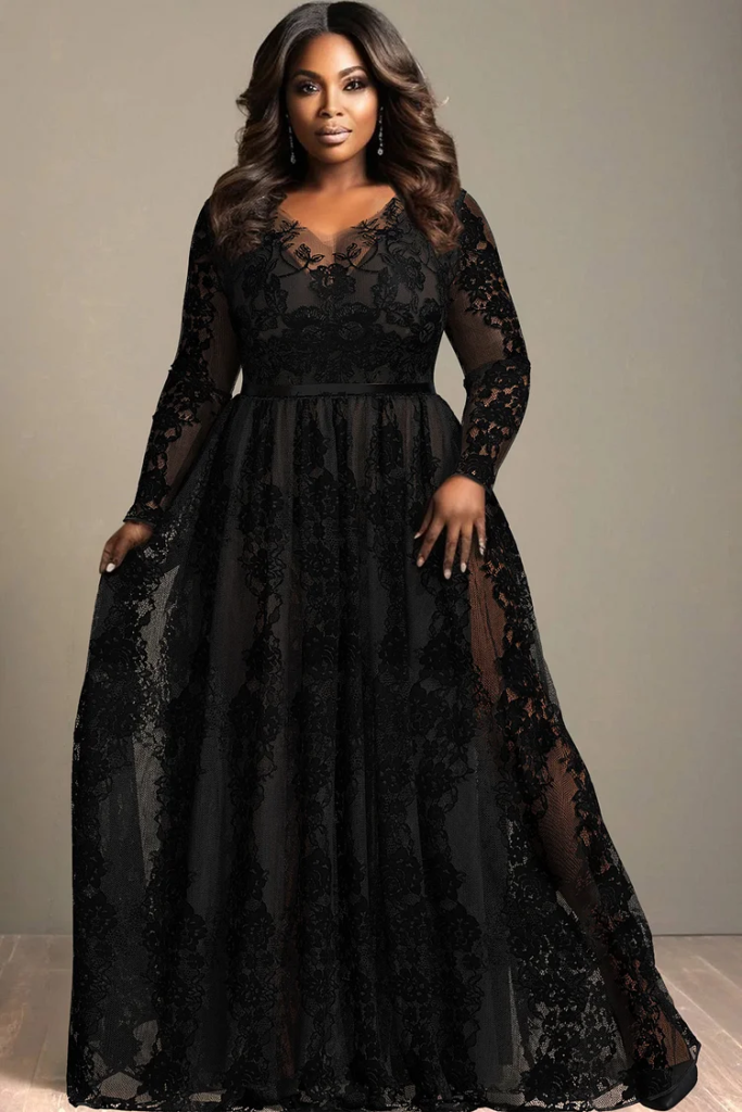 Floral Lace Overlay V-Neck Black Wedding Dress