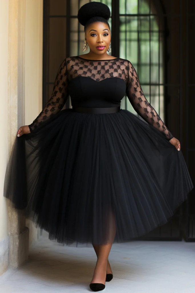 Tea-Length Tulle Illusion Neckline Dress