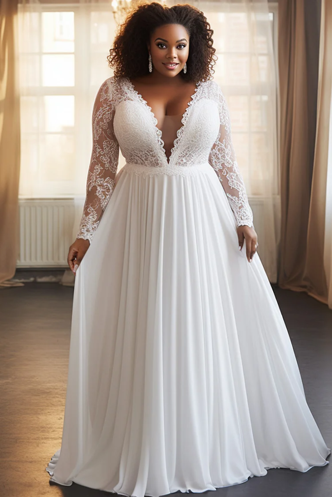 Plunging Lace Bodice Chiffon Dress