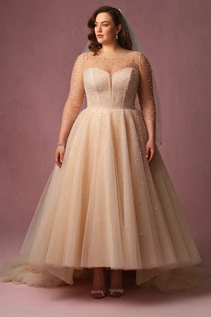 Champagne Illusion Pearl Wedding Dress