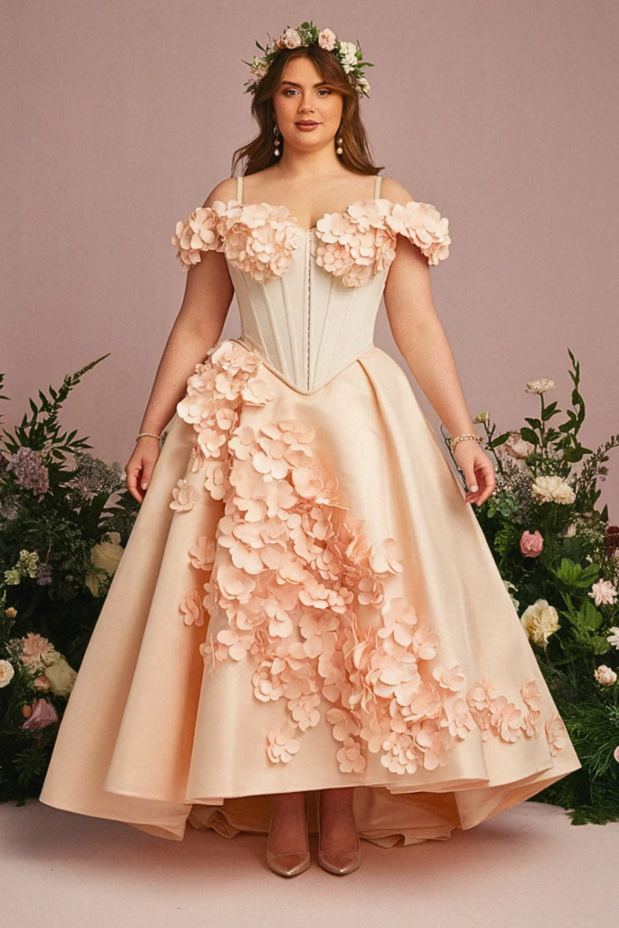Off-Shoulder Floral Appliqué Gown