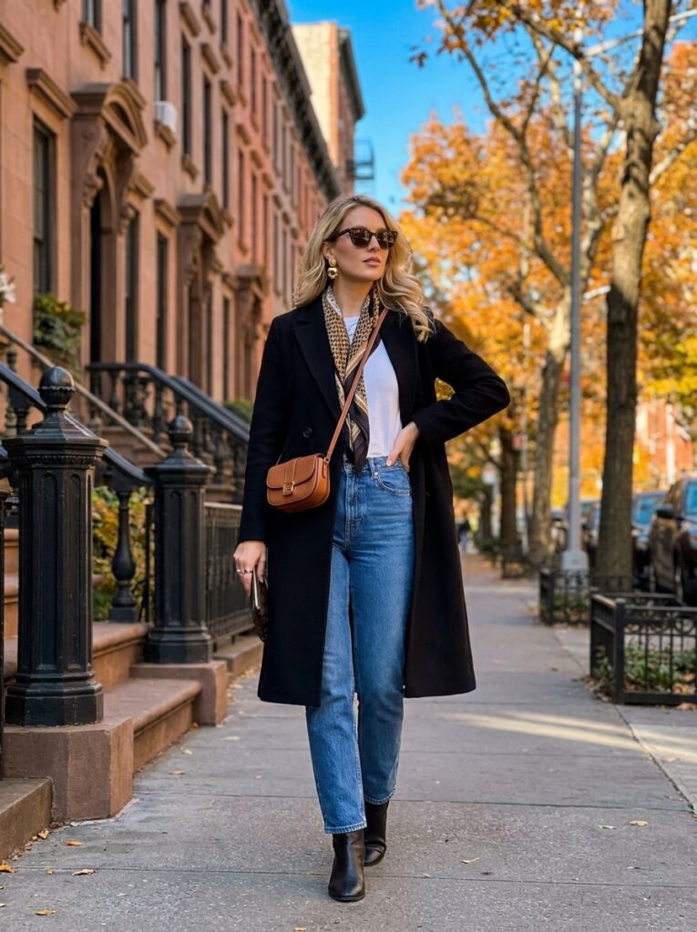 Black Wool Coat With Straight-Leg Jeans