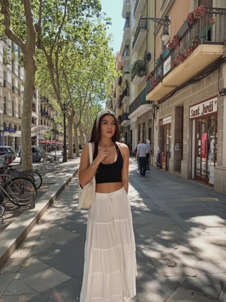 Black Crop Top and Flowing White Maxi Skirt