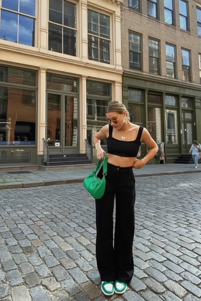 Black Crop Top and Wide-Leg Trousers with Green Accents