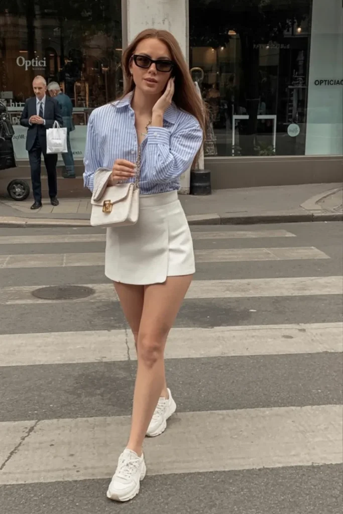 Blue Striped Shirt and White Skort for Uptown Freshness