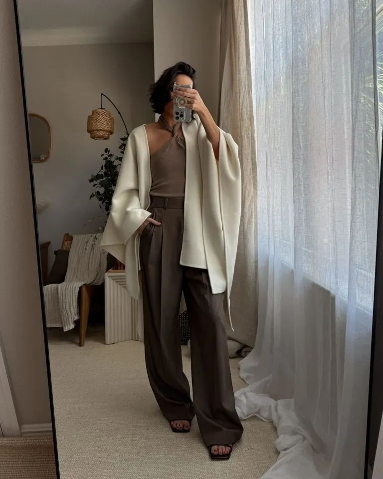 Cashmere cardigan cape with classy pants