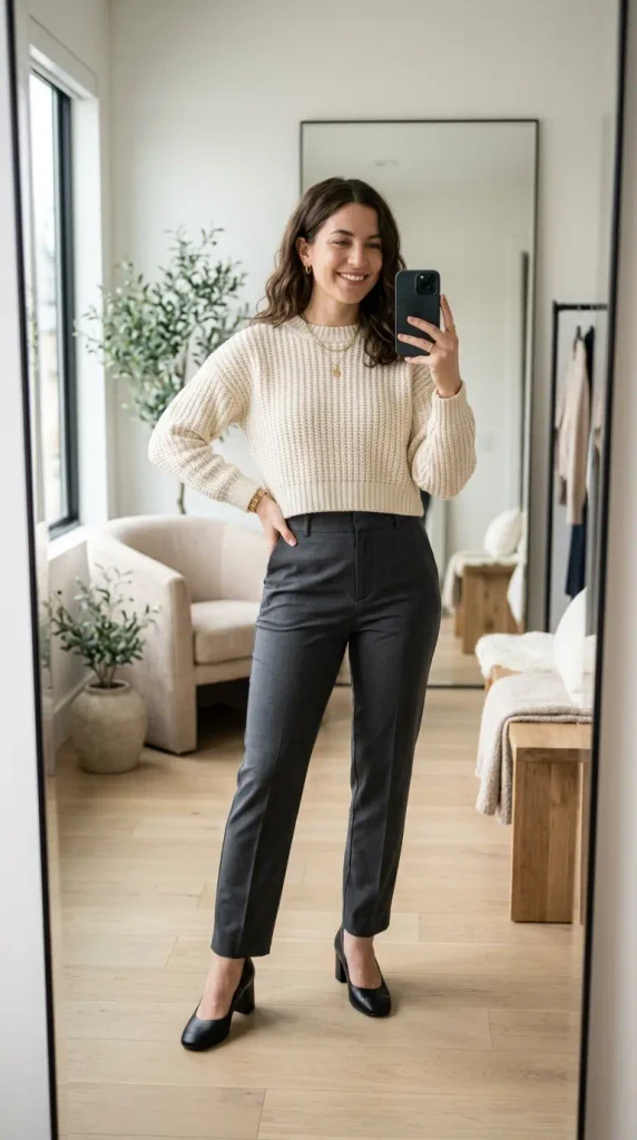 Crop Sweater with High-Waist Pants Trendy Look