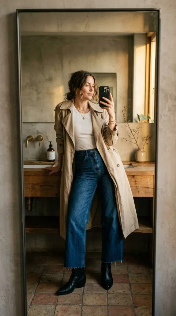 Effortless Trench Coat with Wide-Leg Jeans Outfit