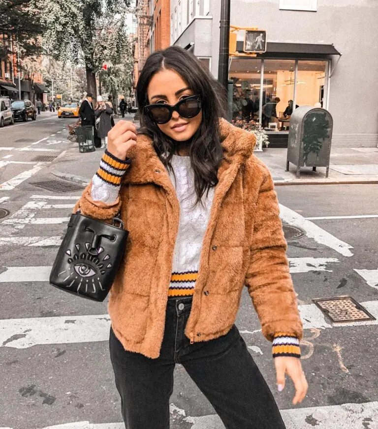 Faux fur jacket with black jeans