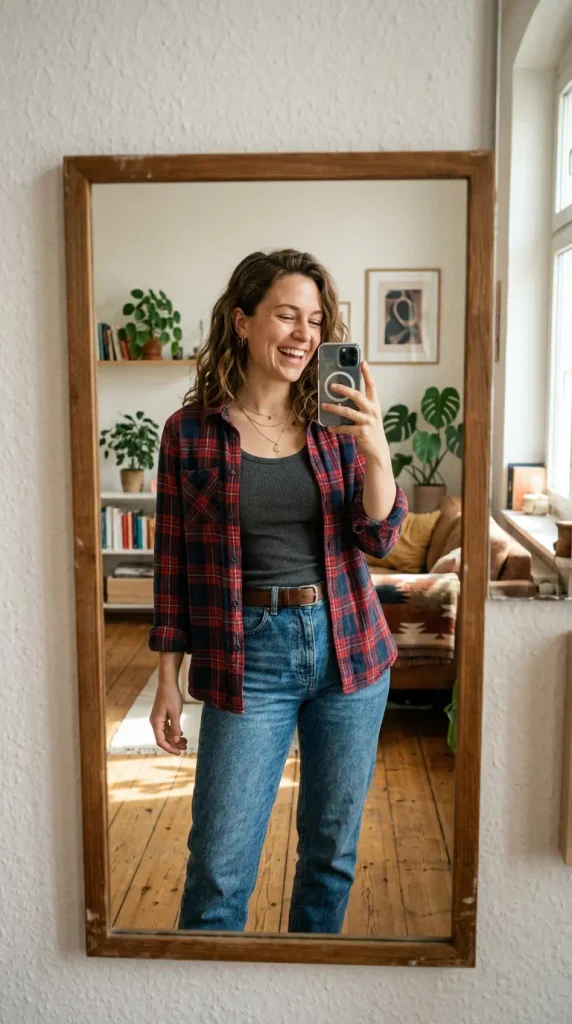 Flannel Shirt Layered with Tank & Denim Combo
