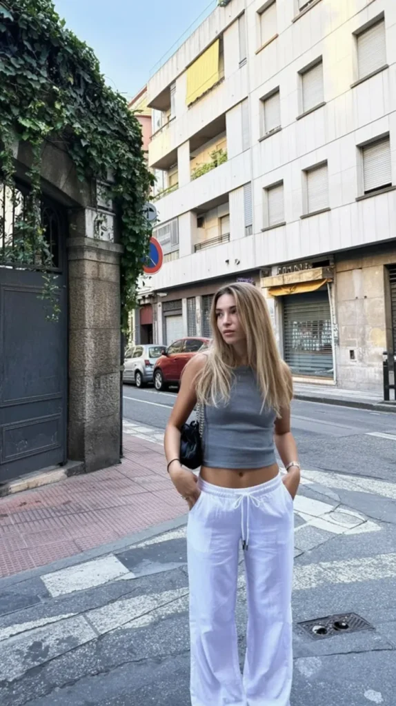 Gray Tank and White Drawstring Trousers for Clean City Cool