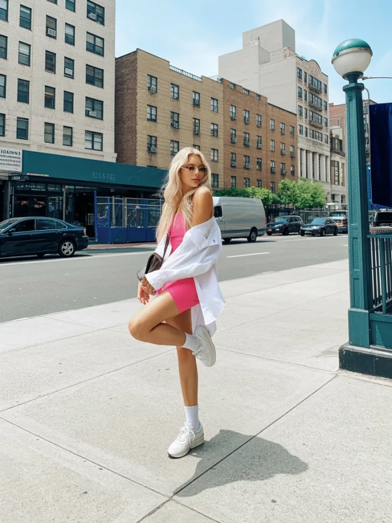 Hot Pink Mini Dress with an Oversized White Shirt