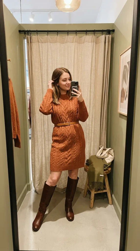 Knit Sweater Dress with Knee-High Boots Look