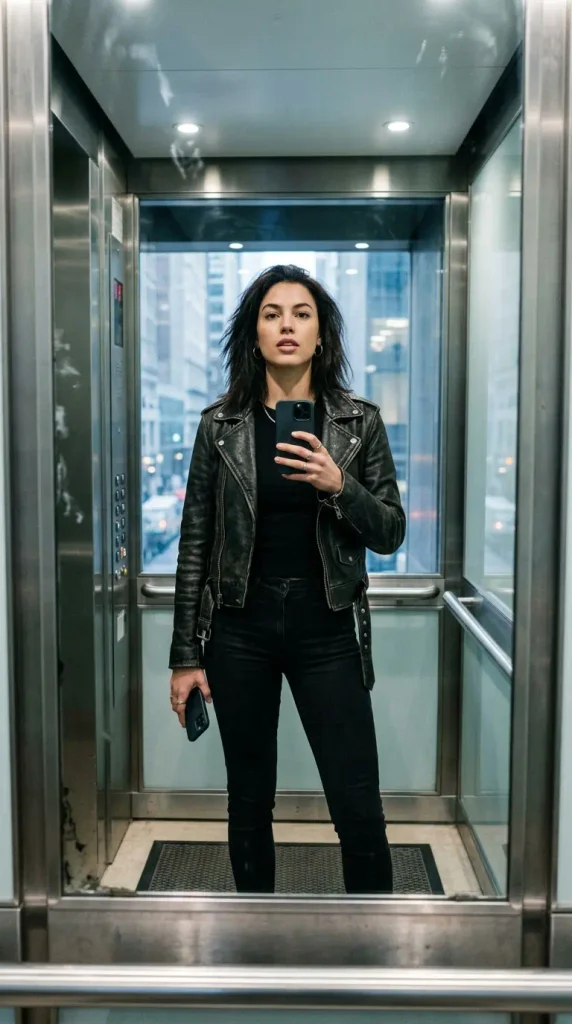 Leather Jacket with All-Black Minimalist City Style