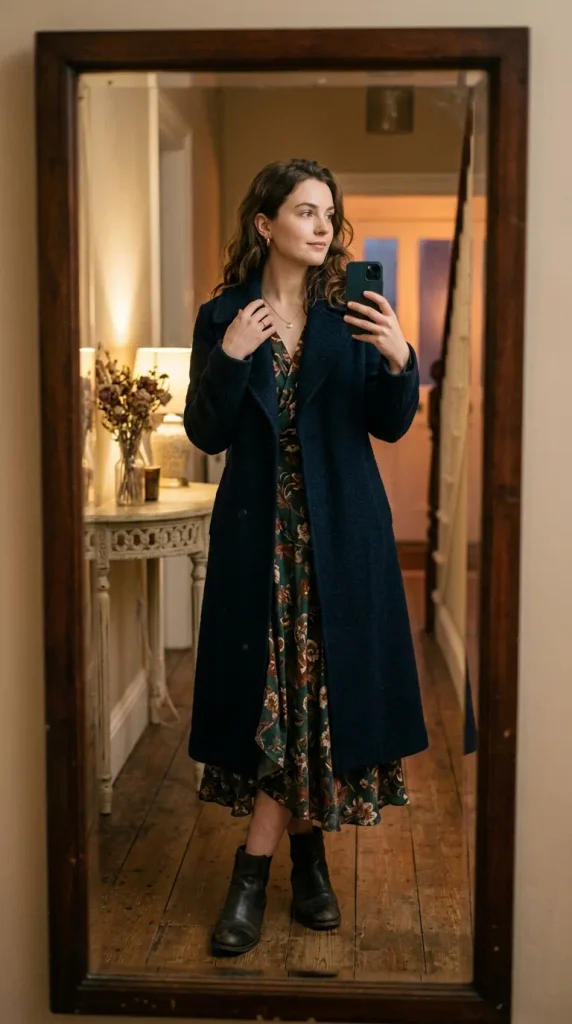 Long Wool Coat with Midi Dress Feminine Look