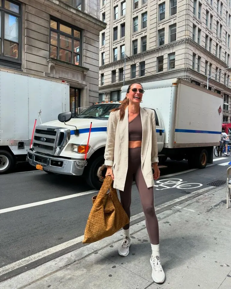 Matching activewear and a blazer