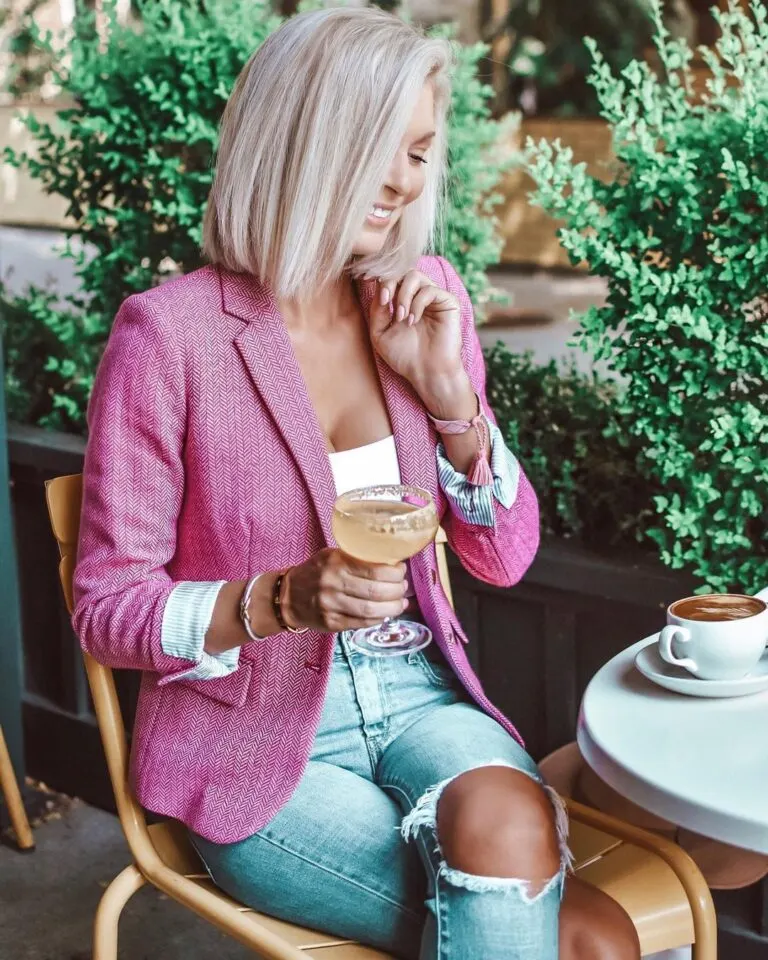 Pink blazer and jeans