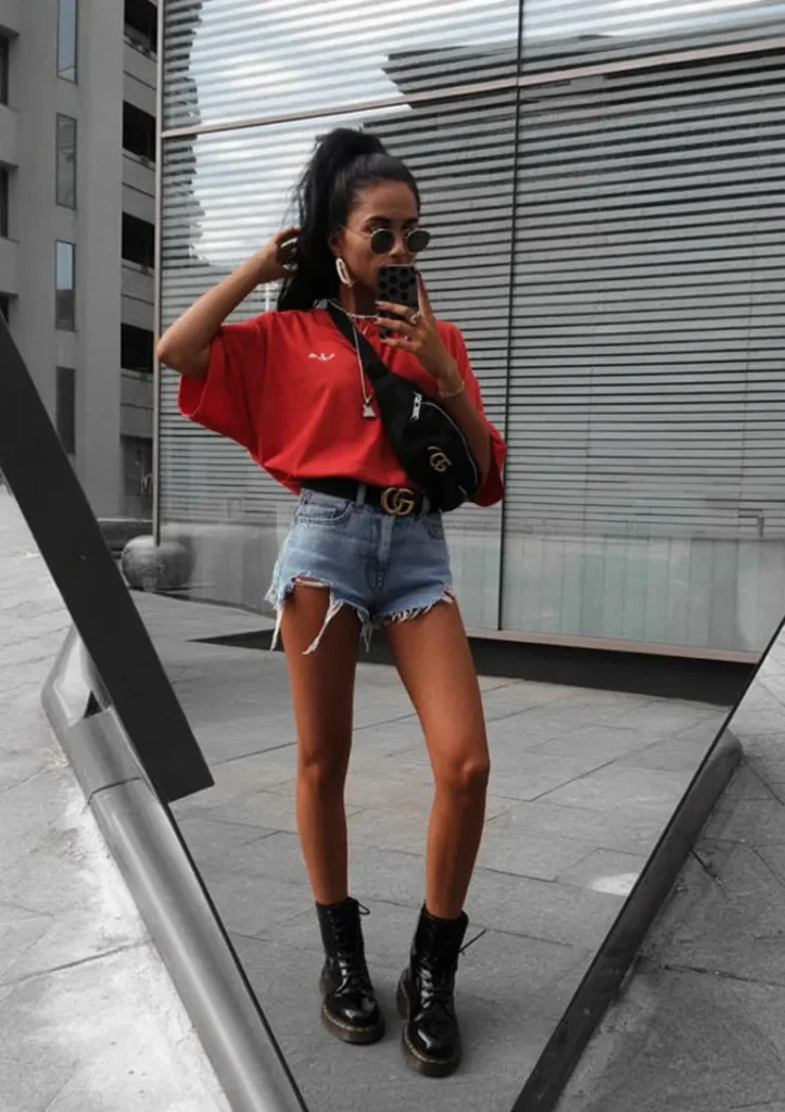 Red Tee and Distressed Shorts with Downtown Edge