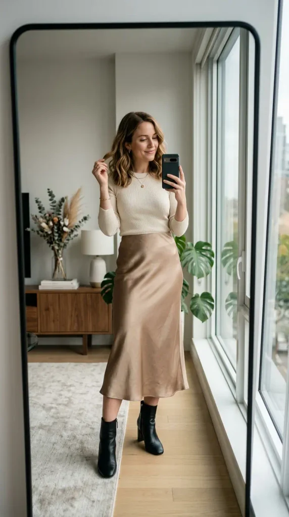 Satin Midi Skirt with Fitted Knit Top Elegance