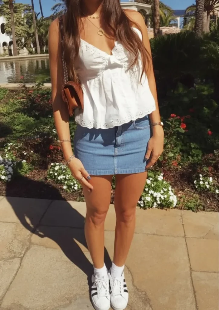 White Babydoll Top with Denim Mini and Sneaker Charm