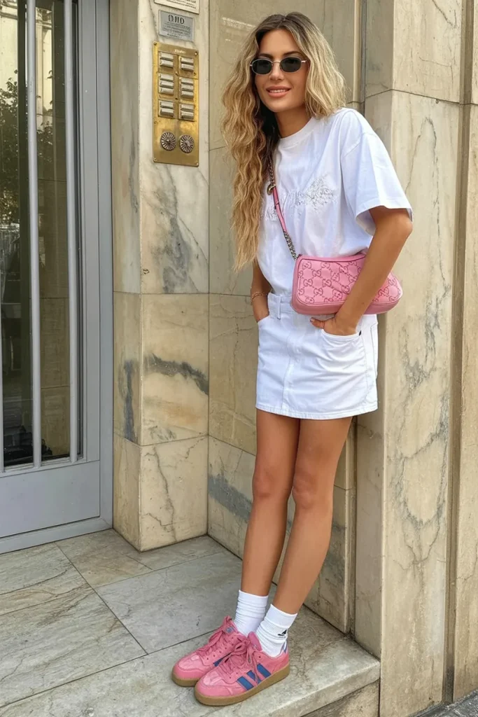 White Tee and White Mini with Pink Trainers