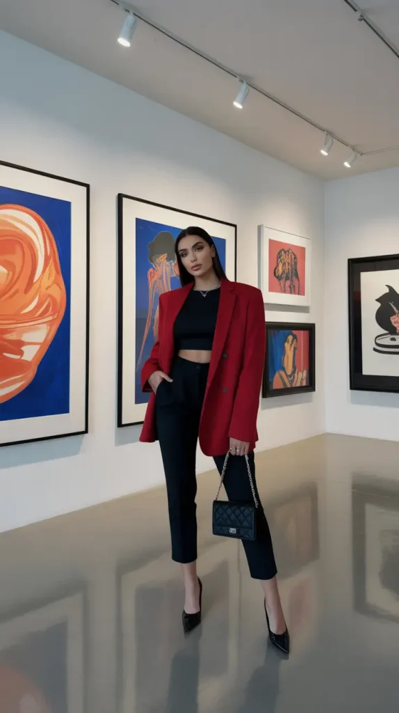 Gallery Chic: Red Blazer and Noir Confidence