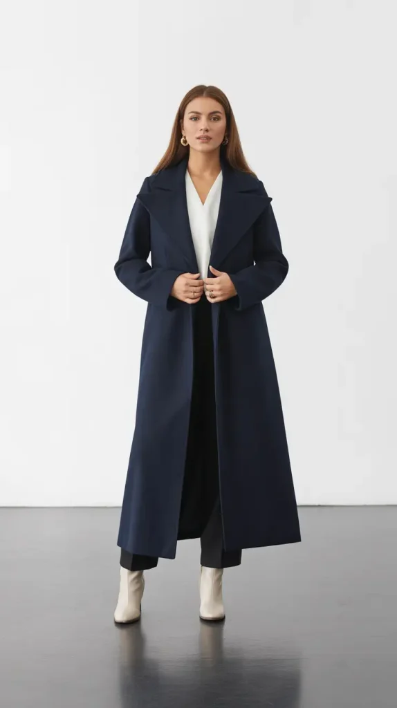 Classic Elegance Reimagined: Navy Coat and White Boots