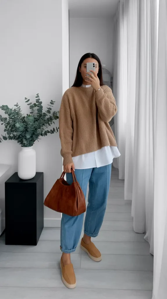 Relaxed Layers: Camel Knits and Denim Ease
