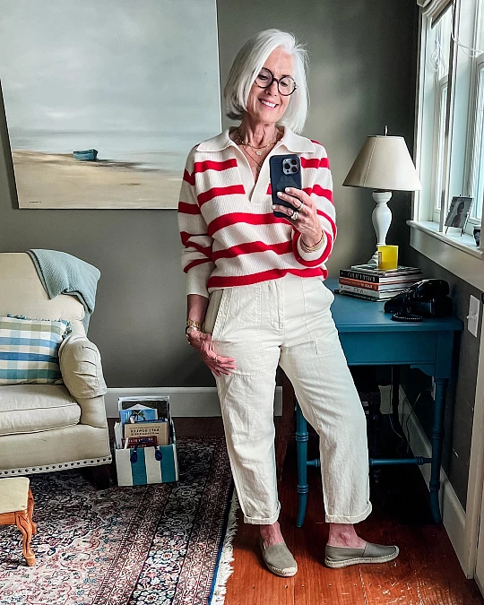 Striped sweater utility pants and espadrilles casual outfit for women over 50