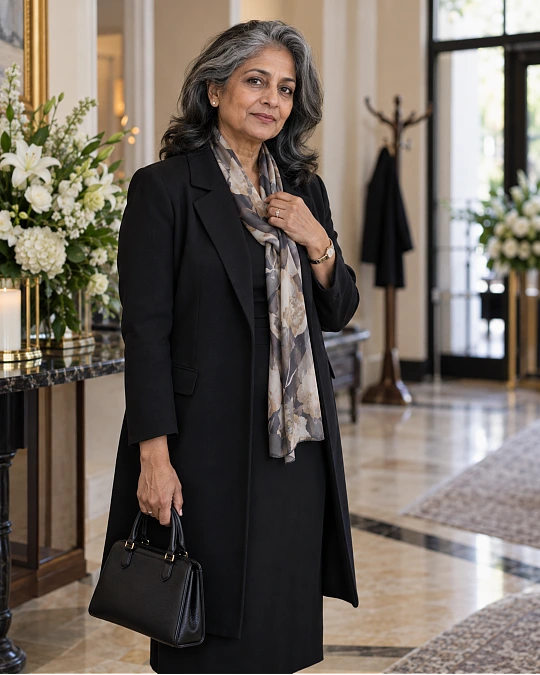 Understated jewelry and accessories for a funeral outfit over 50