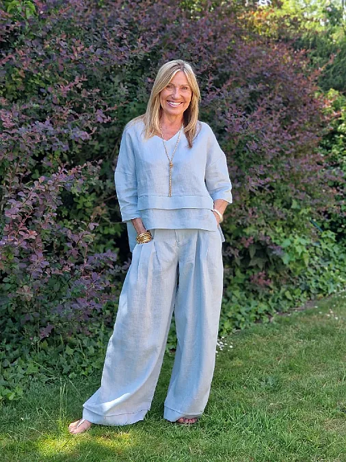 Monochromatic light blue linen set for women over 50