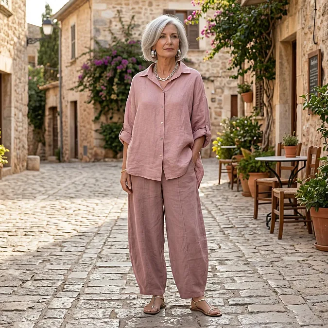 Dusty rose linen set casual outfit for women over 50