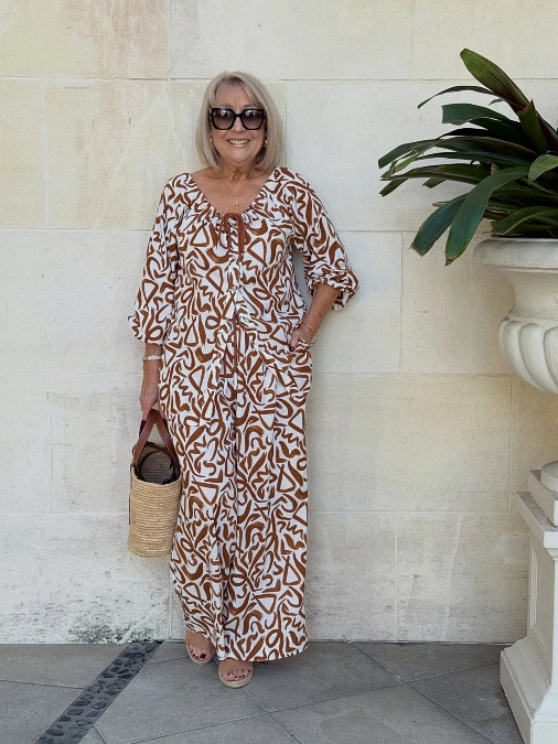 Rust print wide-leg matching set stylish outfit for women over 50