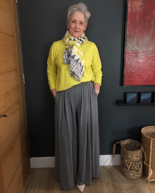 Lime knit with gray wide-leg pants stylish outfit for women over 50