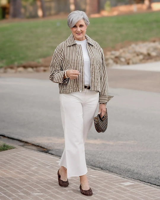 Checked jacket with white cropped pants stylish outfit for women over 50
