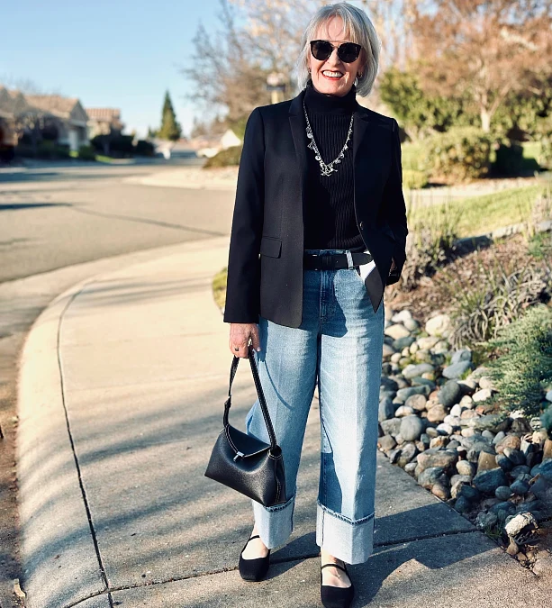 Black blazer and cuffed jeans stylish outfit for women over 50