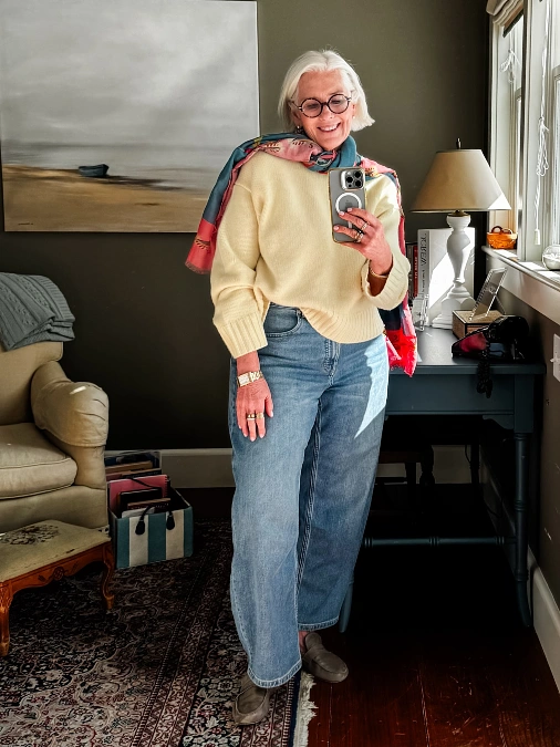 Butter yellow knit sweater with wide-leg jeans cute outfit for women over 50