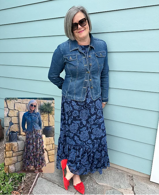 Denim jacket layered over navy floral dress cute outfit for women over 50