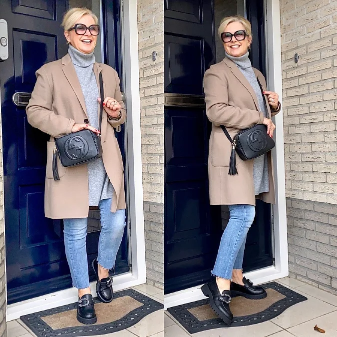 Camel coat gray turtleneck and cropped jeans outfit for women over 50