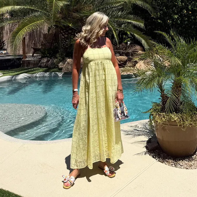 Pale yellow eyelet maxi dress cute summer outfit for women over 50